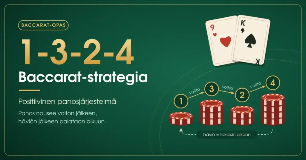 1-3-2-4 baccarat-strategian panossarja havainnollistettuna vihreällä pelipöydällä: pelimerkkipinot etenevät järjestyksessä 1, 3, 2 ja 4 voittojen jälkeen, ja häviön jälkeen palataan alkuun; taustalla herttayhdeksikkö ja patakuningas.