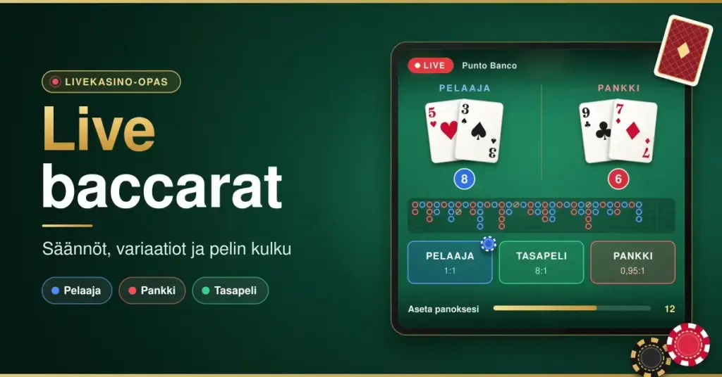 Live baccarat -pöytää esittävä grafiikka, jossa suoran lähetyksen ruudulla näkyvät Pelaajan ja Pankin kortit, tulostaulu sekä Pelaaja-, Tasapeli- ja Pankki-panosalueet pelimerkkeineen.