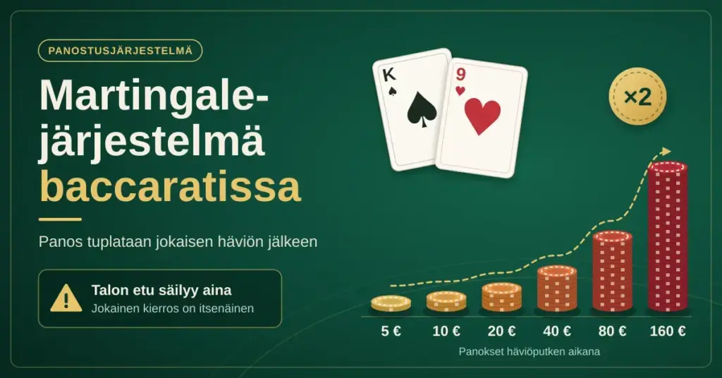 Vihreällä pelipöytätaustalla kuusi pelimerkkipinoa kasvaa 5 eurosta 160 euroon ja havainnollistaa, miten Martingale-järjestelmässä panos tuplataan jokaisen häviön jälkeen baccaratissa.